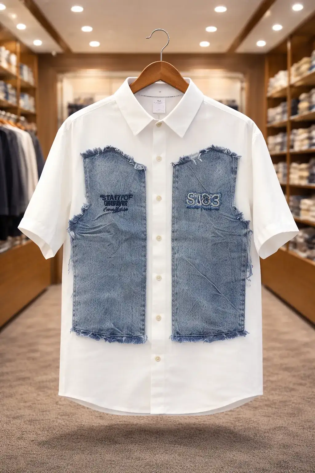 Men's White Button-Down with Denim Panels